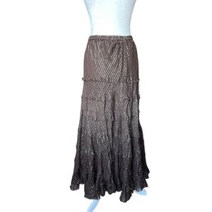 Vintage Brown Tiered Long Bohoemian Maxi Skirt with Silver Strands Large